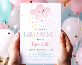 Editable Pink Cloud Baby Sprinkle Invitation Girl Baby Sprinkle Invite Rainbow Raindrops Hearts Stars Printable Digital Download A592