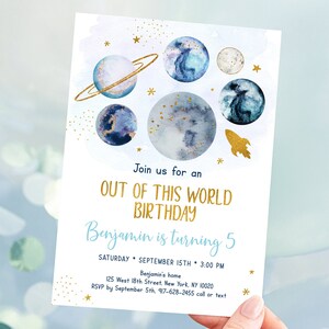 Editable Space Birthday Invitation Out Of This World Birthday Blue Gold Boy Galaxy Planets Outer Space Party Rocket Ship Printable A631