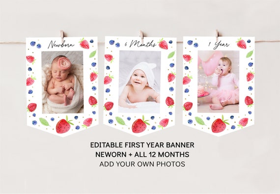 Strawberry First Birthday Banner Monthly Photo Banner Berry Sweet Strawberry Party Blueberry Birthday Berry Birthday Digital Download A670 Il_570xn