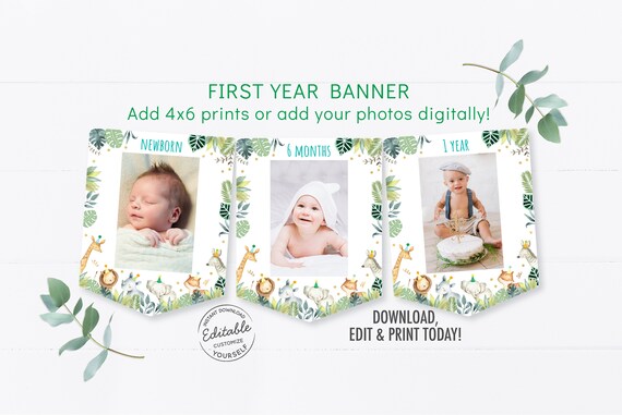 Safari First Birthday Banner Monthly Photo Banner Wild One Birthday Jungle Animal Boy Safari Editable Printable Instant Download A518 Il_570xn