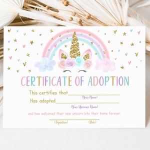 Einhorn Urkunde Adopt ein Einhorn Regenbogen Einhorn Party Pink Gold Pastell Floral Einhorn Printable Digital Download A582