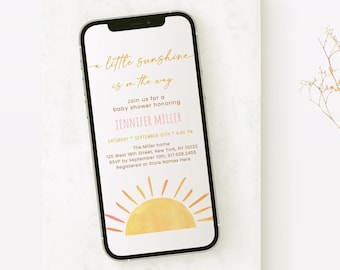 Editable Little Sunshine Baby Shower E-Invitation Boho Sunshine Baby Shower Invite You Are My Sunshine Shower Girl Digital Download A681