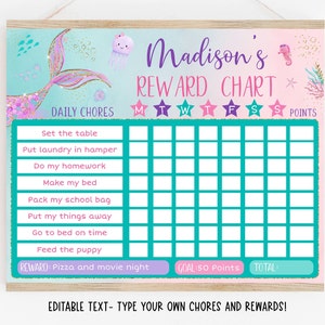 Editable Mermaid Reward Chart Mermaid Behavior Chart Girls Reward Chart Mermaid Chore Chart Pink Purple Printable Digital Template A711