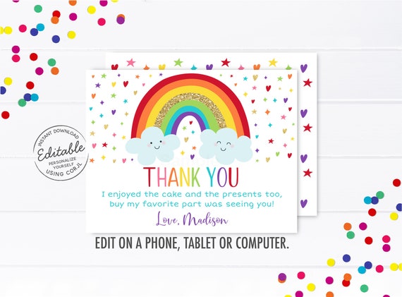 editable rainbow birthday thank you card girls rainbow party etsy