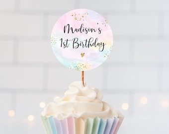 Editable Rainbow Cupcake Toppers Pastel Rainbow Cumpleaños Niñas Rainbow Party Rosa Oro Acuarela Arco Iris Confeti Digital A662