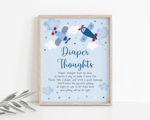 Airplane Diaper Thoughts Sign Airplane Baby Shower Boy Baby Shower Stars Clouds Blue Red Printable Digital Instant Download A566 Il_570xn