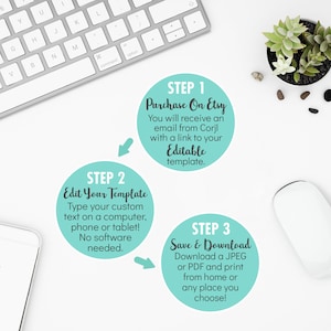 May include: A white computer keyboard, a white mouse, a small potted succulent plant, and a white smartphone are on a white surface. Three turquoise circles with black text outline the steps to purchase, edit, and download a digital template. The text in the circles reads: "Step 1 Purchase On Etsy", "Step 2 Edit Your Template", and "Step 3 Save & Download".