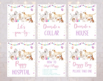 Bewerkbare puppyverjaardagsborden tafelborden Set van 6 bundels Let's Paw-ty Pink Girl Puppy Party Puppy Dog Verjaardagsballonnen Download A621