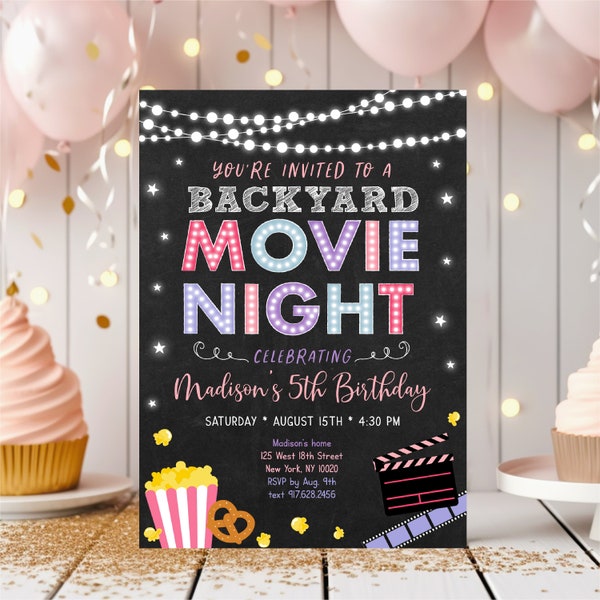 EDITABLE Backyard Movie Night Birthday Invitation Movie Under the Stars Girls Outdoor Backyard Movie Party Popcorn Digital Download A555