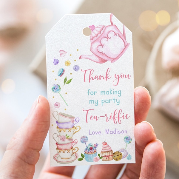 Editable Tea Party Birthday Favor Tags Thank You Tags Tea-riffic Pink Gold Floral Tea Party Cake Cupcakes Cookies Digital Download A651