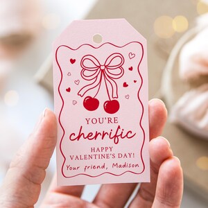 Editable Cherry Valentine&#39;s Day Gift Tag, Favor Tag, Pink Red Bow Cherry Sweet, Classroom School Friend Valentine Tag Digital Download