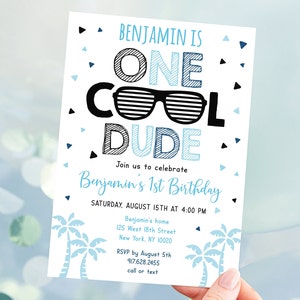 Editable One Cool Dude Birthday Invitation One Cool Dude Party Sunglasses Palm Trees Summer Boys First Birthday Printable Digital A538