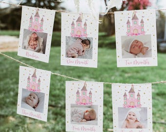 Princess Castle First Birthday Banner, Monthly Photo Banner, Princess Party, Pink Purple Gold Floral, Editable Digital Download A752