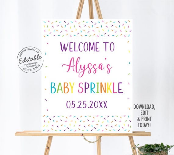 EDITABLE Pink Baby Sprinkle Welcome Sign Baby Girl Sprinkle Rainbow Sprinkle Printable Digital, Instant Download Template A109 Il_570xn