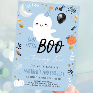 Editable Little Boo Ghost Birthday Invitation BOO turning Two Birthday Invite Blue Ghost Boy Halloween Party Second Birthday Digital A636