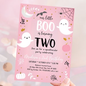 Editable Halloween Second Birthday Invitation Boo Turning Two Invite Pink Ghost Girl Halloween Spooktacular Printable Download A637