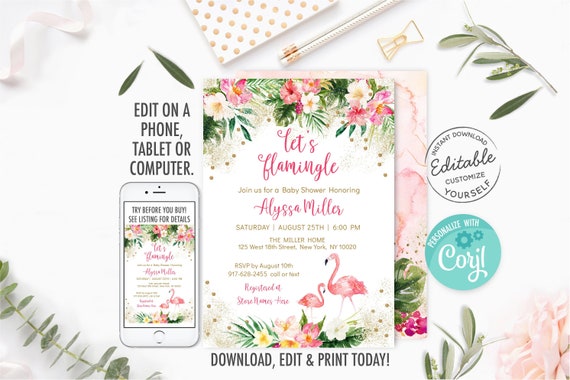 EDITABLE Flamingo Baby Shower Invitation Pink & Gold Tropical Floral Baby Shower Invite Girl Baby Shower Printable Instant Download A454 Il_570xn