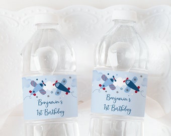 Retro Red Airplane Personalized Boy Birthday Water Bottle Labels 