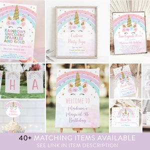 May include: A set of printable party decorations featuring a unicorn with a rainbow, flowers, and gold glitter. The text on the invitation reads "Rainbows Unicorns Sparkles and Gold" and "Madison is turning 3 years old". The welcome sign reads "Welcome to Madison's Magical 3rd Birthday".