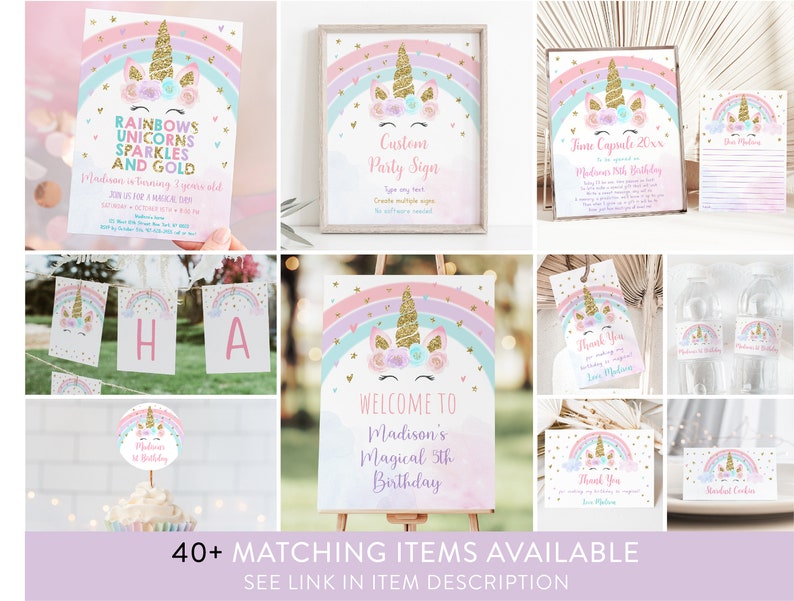 May include: A set of printable party decorations featuring a unicorn with a rainbow, flowers, and gold glitter. The text on the invitation reads "Rainbows Unicorns Sparkles and Gold" and "Madison is turning 3 years old". The welcome sign reads "Welcome to Madison's Magical 3rd Birthday".