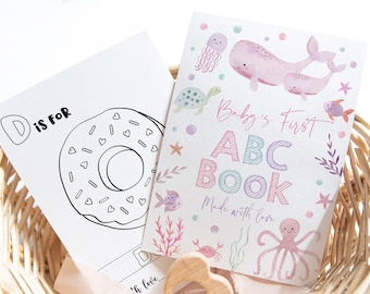 Libro ABC per Baby Shower Rosa Sotto il Mare, Primo libro ABC per Neonati, Libro da Colorare con l'Alfabeto, Attività per Baby Shower, Pagine da Colorare, Digitale A725