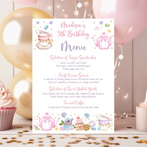 Bearbeitbare Teeparty-Menükarte, Teegeburtstag, Tee-Babyparty, Baby braut, Teeparty, rosa lila Goldblumen, digitaler Download A651