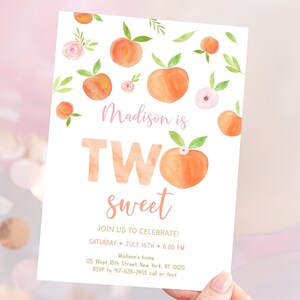 Editable Peach Birthday Invitation Two Sweet Peach Second Birthday Invite Peach Floral Girl 2nd Birthday Printable Digital Download A668