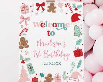 Panneau de bienvenue modifiable pour le premier anniversaire de Noël, Fête de Noël rose amusante pour une petite fille, Pays des merveilles d'hiver, Téléchargement numérique A785