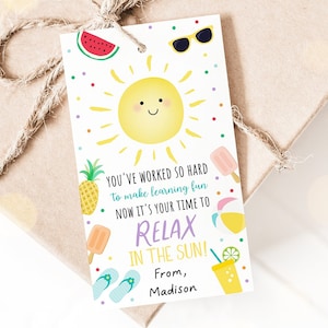 Bearbeitbarer Sommer-Lehrer Wertschätzung Geschenkanhänger Entspannen Sie sich im Sonnentag Danke-Tag Sommerschulen am Ende des Jahres Tag Printable Download