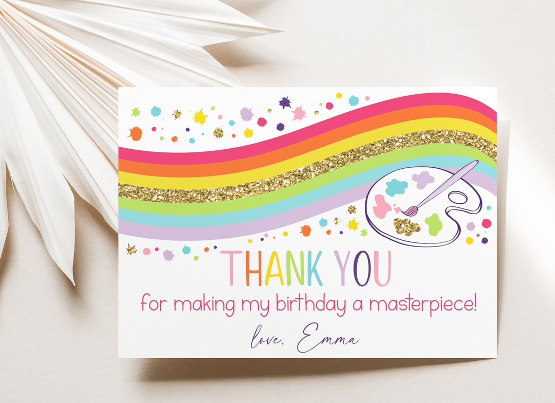 Editable Rainbow Art Party Birthday Thank You Card Dress for A Mess ...