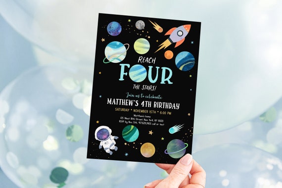 Editable Space Fourth Birthday Invitation Reach FOUR The Stars Invite Astronaut Galaxy Planets Outer Space Party Rocket Ship Digital A654 Il_570xn