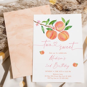 Editable Two Sweet Peach Birthday Invitation Peach Blossom Birthday Invite Watercolor Peach Girl 2nd Birthday Printable Digital A728