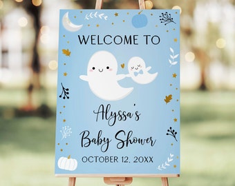 Editable Ghost Baby Shower Welcome Sign Little Boo Baby Shower Blue Boy Ghost Pumpkin Halloween Baby Shower Digital Download A637