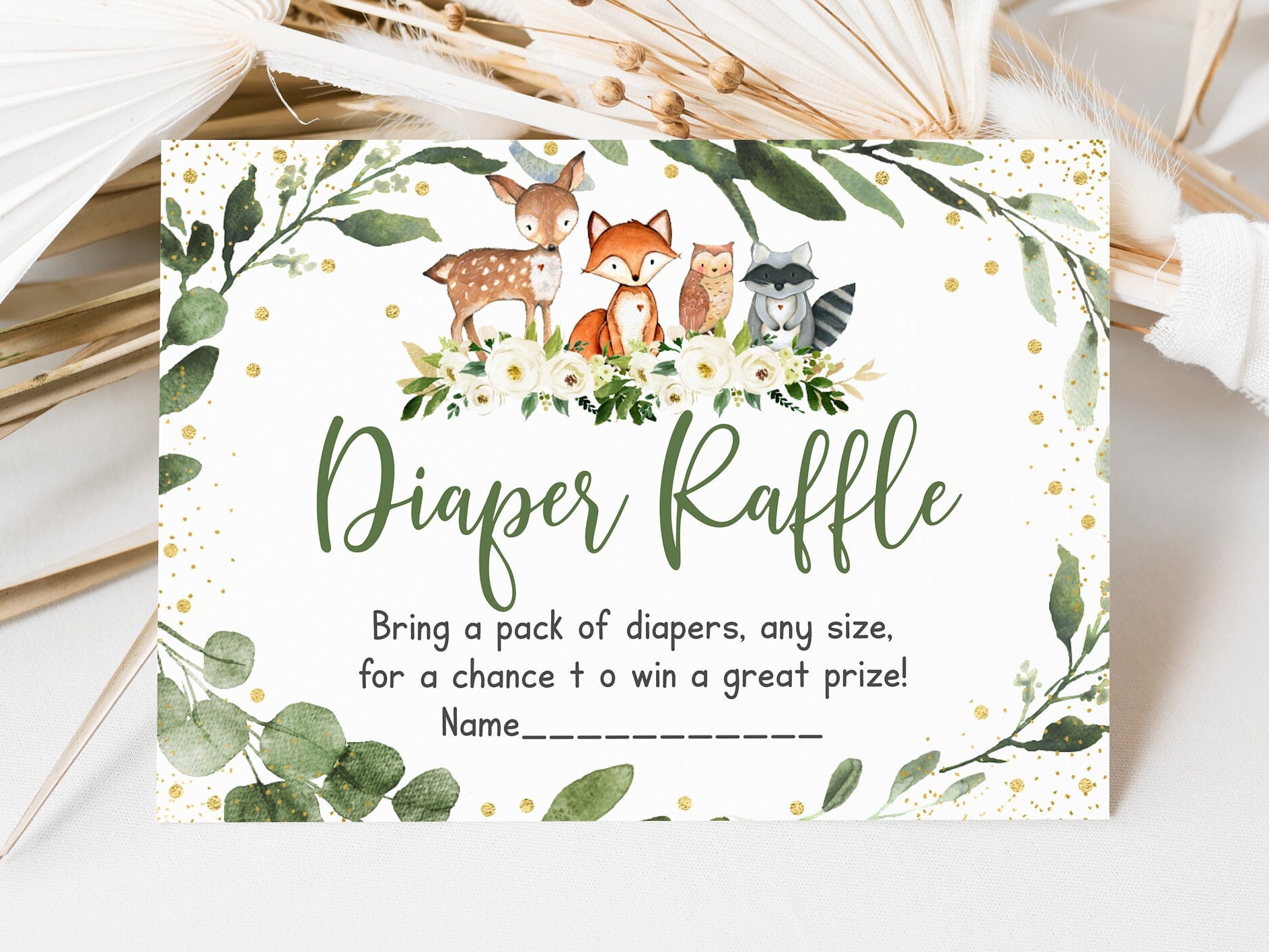 Woodland Diaper Raffle Cards Woodland Baby Shower Greenery Woodland Forest Animals Gender Neutral Printable Digital Instant Download A524 - Etsy for Free Printable Diaper Raffle Tickets Woodland