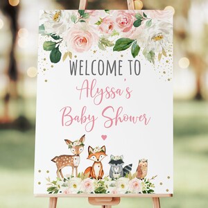Signo de bienvenida editable de Girl Woodland Baby Shower, animales del bosque, animales del bosque, floral rosa, plantilla de descarga digital A516