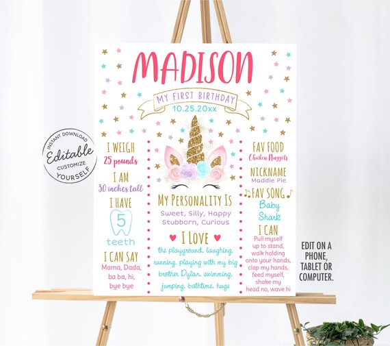 EDITABLE Unicorn Birthday Milestone Poster Gold Glitter Unicorn Floral Unicorn Unicorn First Birthday Printable Instant Download Corjl A451 Il_570xn