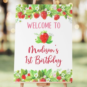 Bearbeitbare Erdbeere Geburtstag Willkommensschild Erdbeerparty Beere süße Erdbeere Erster Geburtstag Digital Printable Sofortiger Download A618