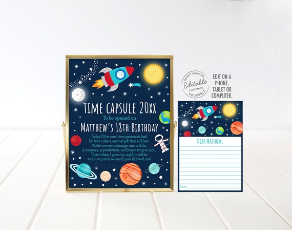 EDITABLE Outer Space Birthday Time Capsule First Birthday Astronaut Planet Outer Space Birthday Party Solar System Printable Digital A528 Il_570xn