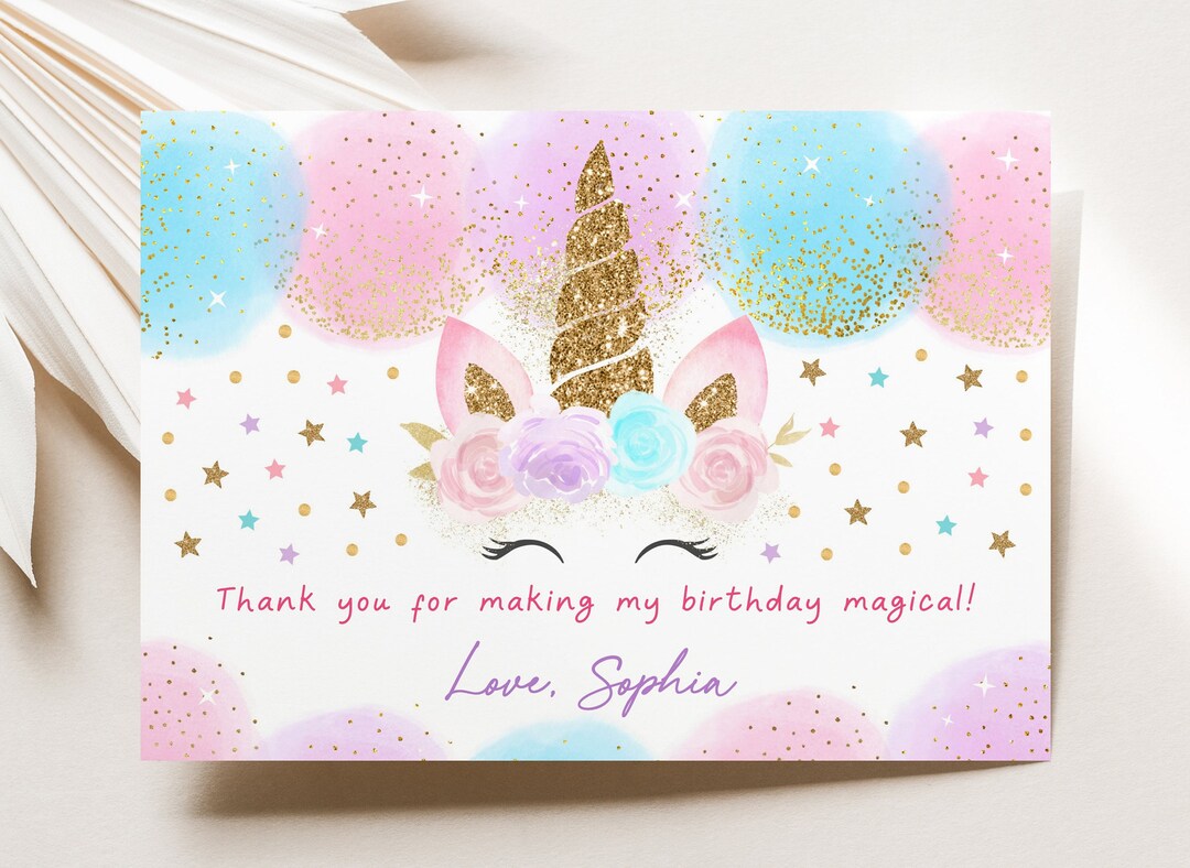 Editable Unicorn Birthday Thank You Card Unicorn Birthday - Etsy