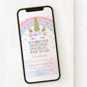 Editable Unicorn Rainbow Birthday E-Invitation Unicorns Rainbows Sparkles and Gold Invite Pastel Floral Unicorn Party Digital Download A582
