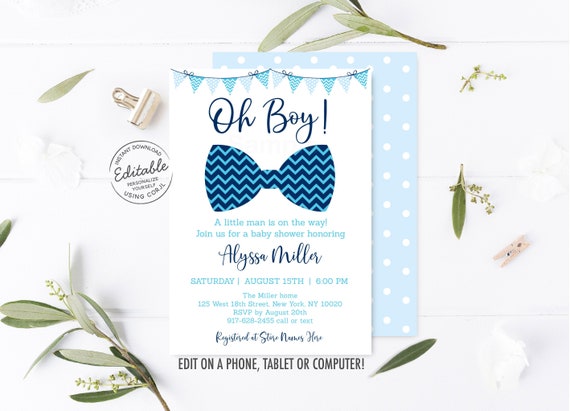 editable bow tie baby shower invitation oh boy little man baby etsy