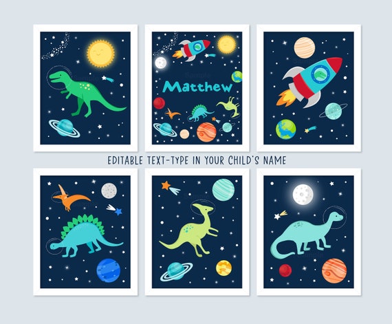 EDITABLE Dinosaur Space Wall Art Boys Dinosaur Nursery Art Space Nursery Art Planets Rocket Ship SET OF 6 Printable Digital Instant Download Il_570xn