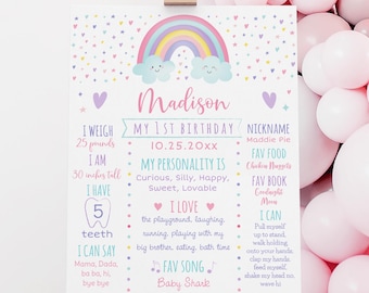 Editable Rainbow Milestone Birthday Sign Rainbow First Birthday Pink Pastel Rainbow Clouds Girl First Birthday Printable Digital Corjl A549