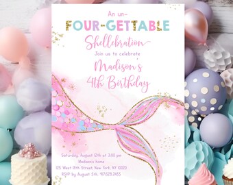 Editable Mermaid Fourth Birthday Invitation, Pink Gold Unfourgettable Mermaid Party, Under the Sea Party Digital Download A627