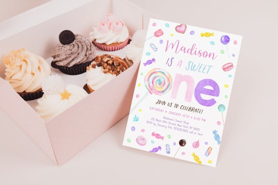 Editable Sweet One Birthday Invitation Sweet One Birthday Invite Sweet Shop Candy Shop Lollipop Candy Party Sweets Digital Download A659 Il_570xn