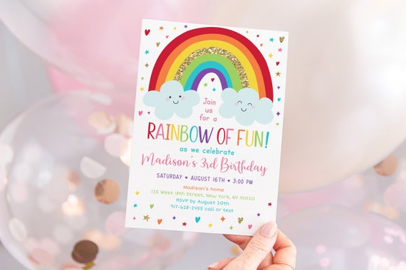 EDITABLE Rainbow Birthday Invitation Girls Rainbow Party Gold Rainbow Clouds Rainbow Of Fun Printable Digital Instant Download Corjl A530 Il_570xn