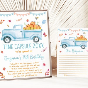 Editable Pumpkin Birthday Time Capsule First Birthday Pumpkin Truck Fall Harvest Blue Orange Boy Pumpkin Printable Digital Download A548