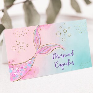 Cartes modifiables de tente d'anniversaire de sirène, étiquettes de nourriture, fête de sirène en or rose, queue de sirène sous la mer, impression numérique A627