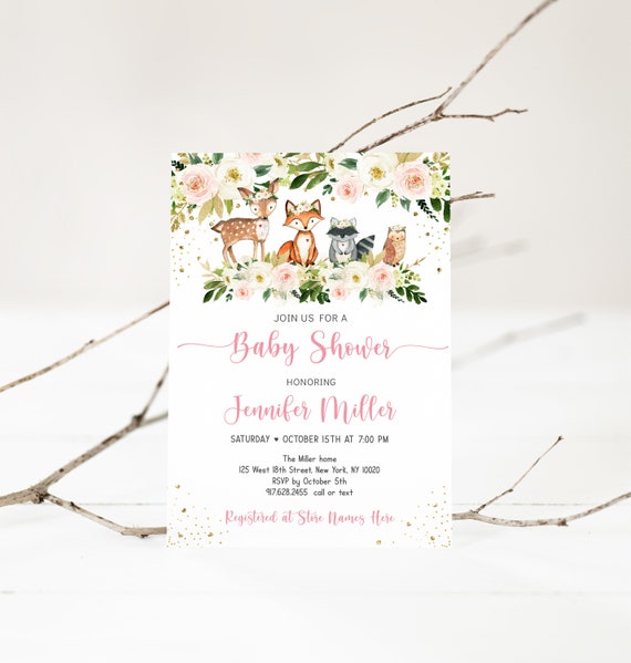Editable Pink Woodland Baby Shower Invitation Girl Woodland Animals Invite Blush Floral Woodland Digital Download A516 Il_570xn