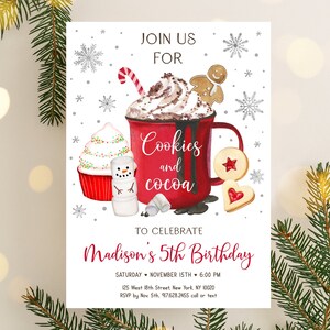 Editable Hot Cocoa Birthday Invitation Cookies & Cocoa Party Girl Winter Birthday Hot Chocolate Party Digital Instant Download A655